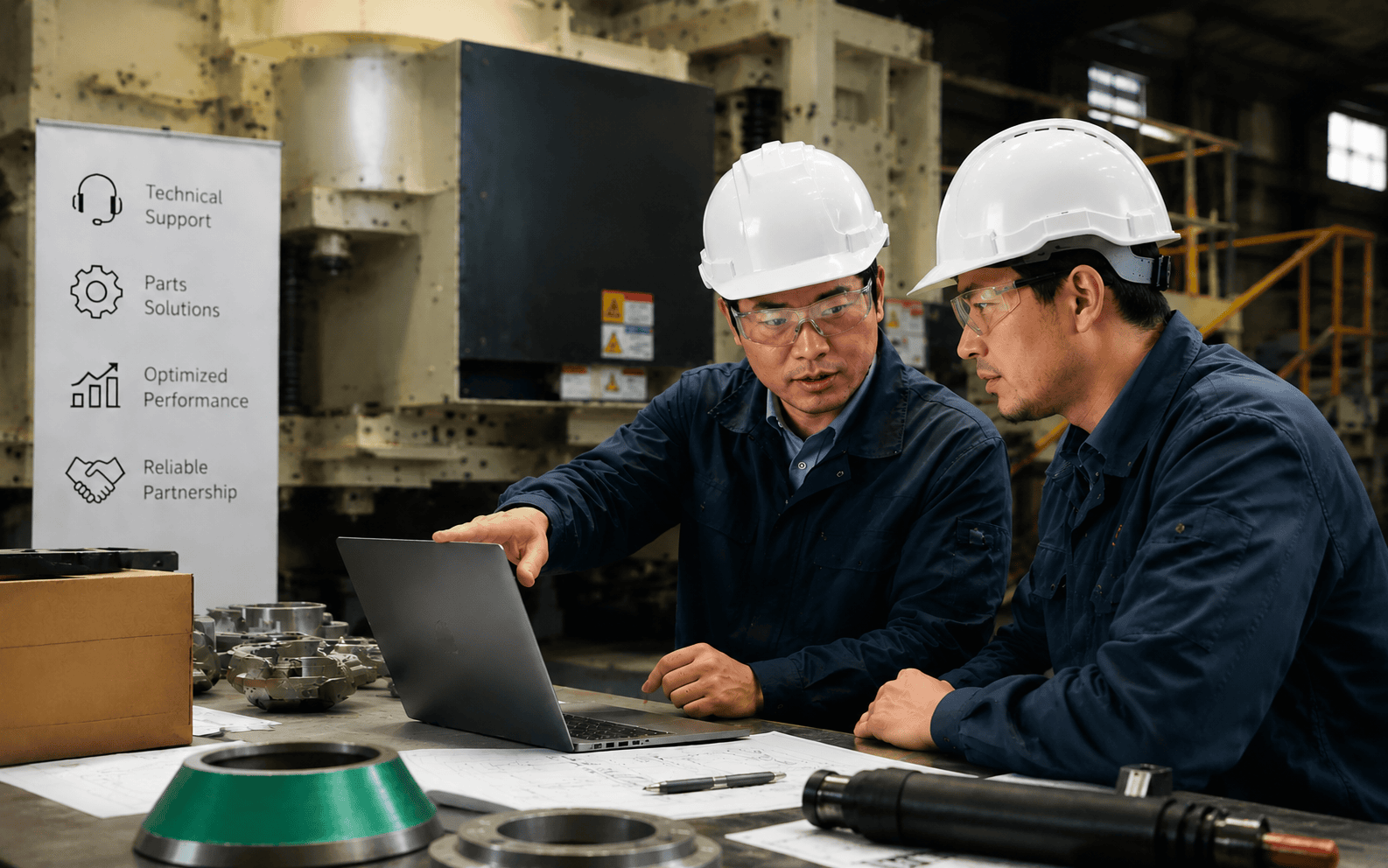 Technical support -- engineers reviewing crusher part specifications