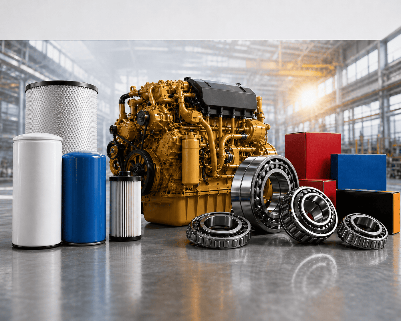 Generic industrial components including engine parts, filters, bearings, and packaging